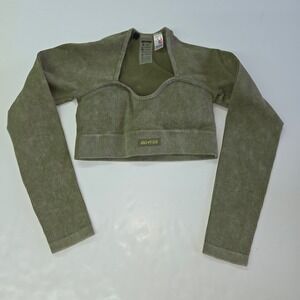 Bo+Tee Crop Top Womens Small Olive Green Ribbed Seamless Long Sleeve Acid Wash